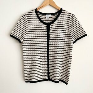Joie Striped Pointelle Knit Crewneck Short Sleeve Cardigan Top Beige/Black